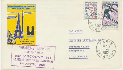 FRANKREICH 1962 Erstflug Deutsche Lufthansa mit Viscount 814 „PARIS – MÜNCHEN" - Bild 1 von 2