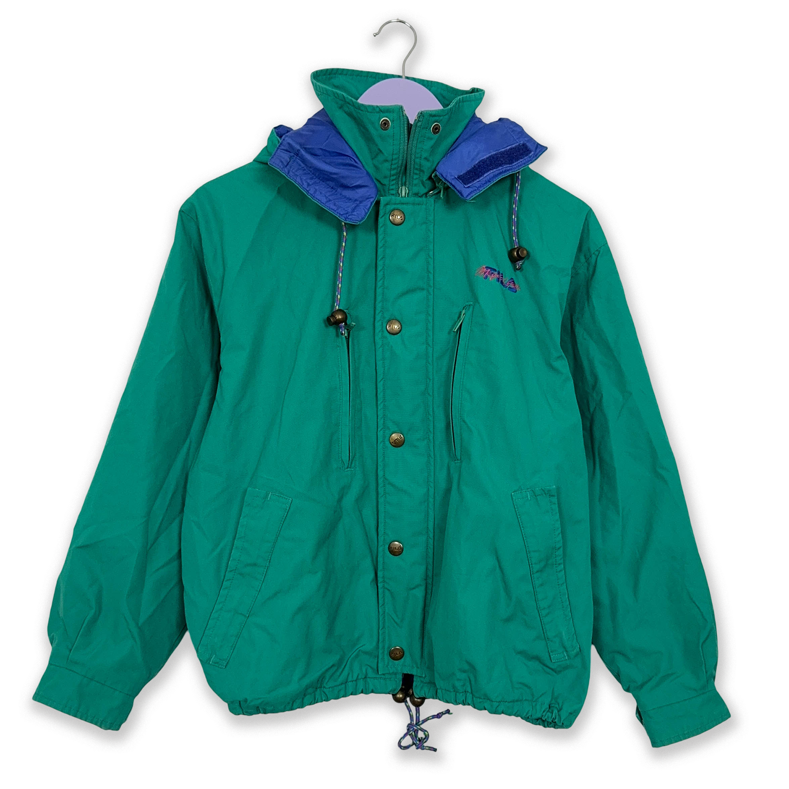 Giacca a vento Fila Magic Line Vintage verde con cappuccio anni 90 Taglia XS S