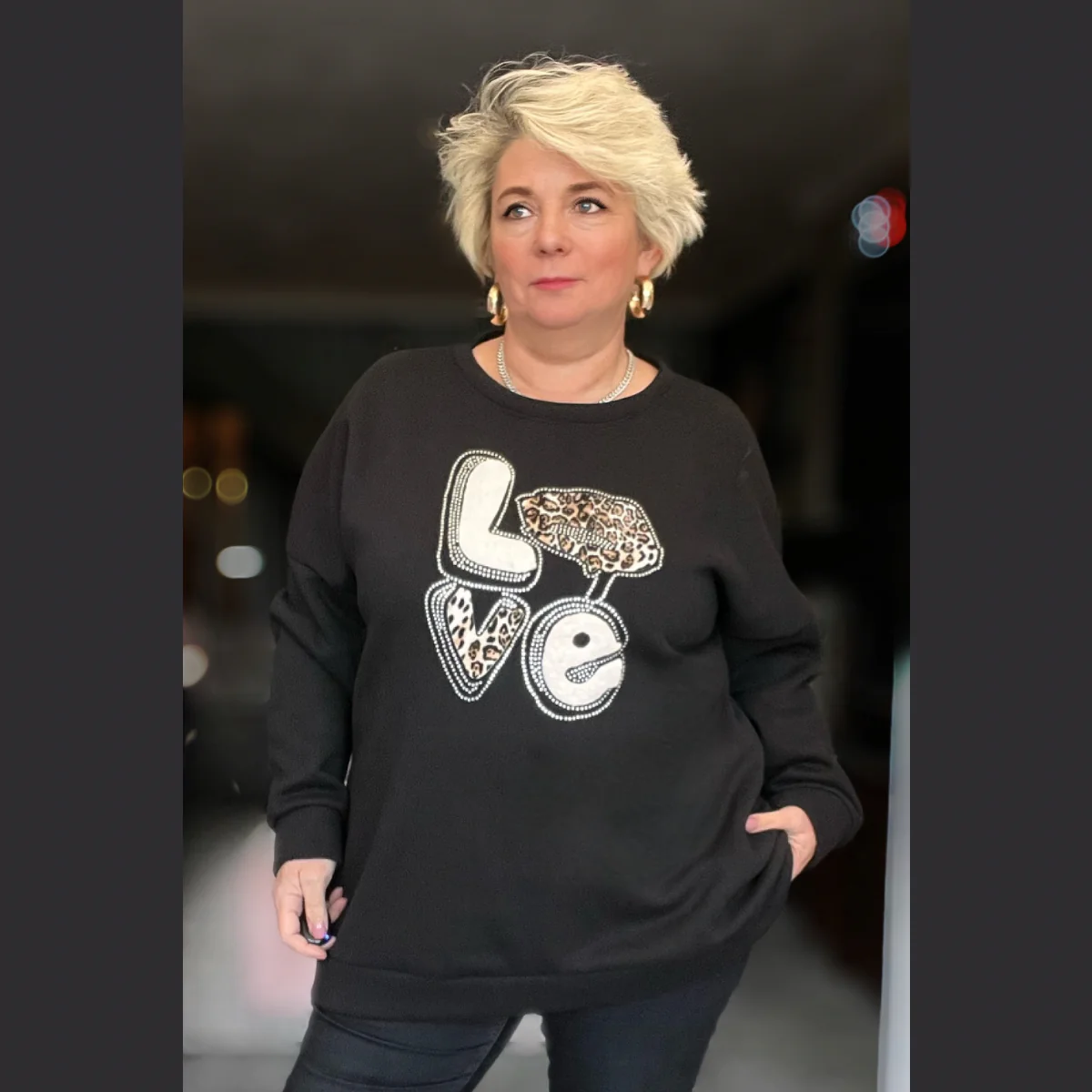 Women's Plus Size Fleece Jumper with Studded Love Detail-image