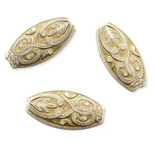 10 Beads Long 39mm Flat Oval Opaque Cream Gold Plated Inlay Embossed Resin Beads