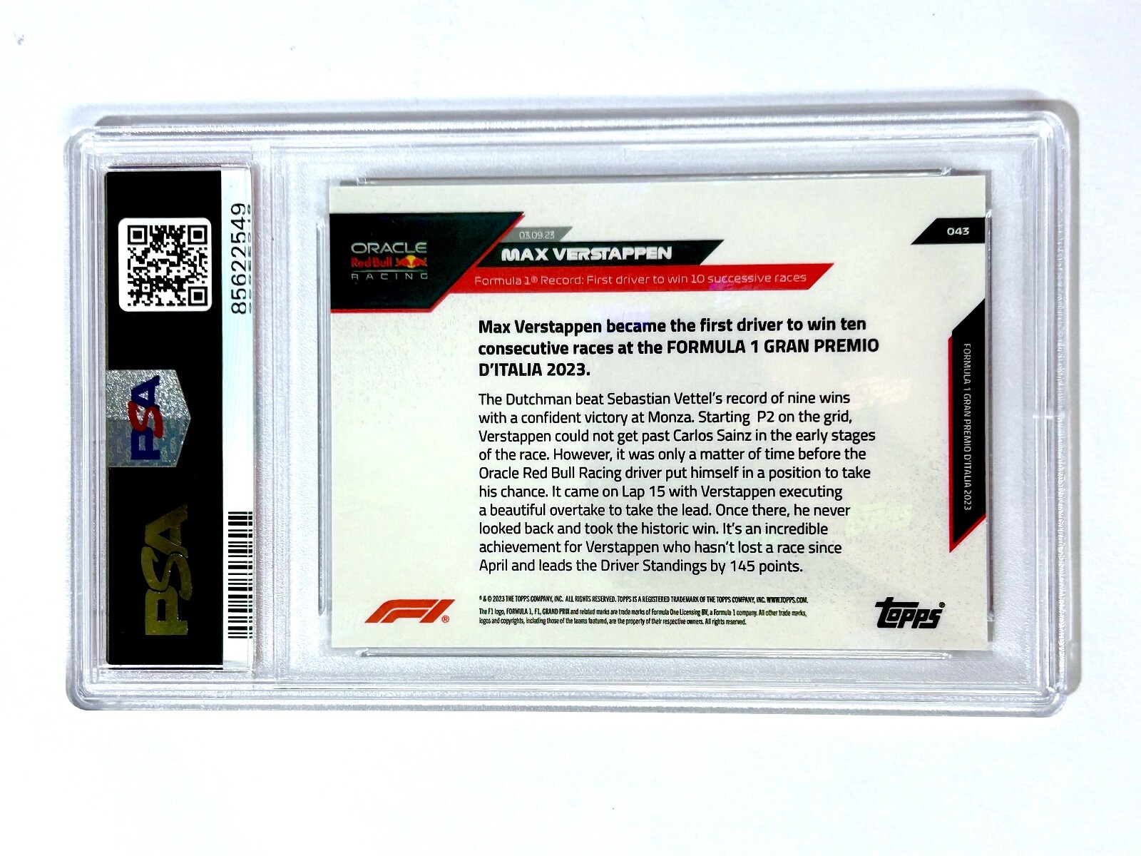 2023 Topps Now Formula 1 MAX VERSTAPPEN 43 PSA10 G1N view 2