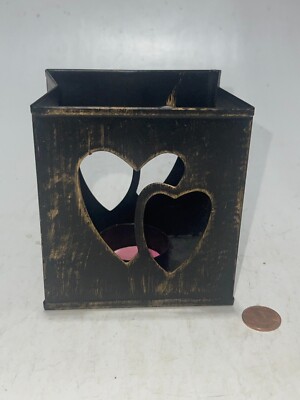 Wood Grain Look Metal Hearts Tea Light Candle Holder 4.25'' T X 3.75'' W