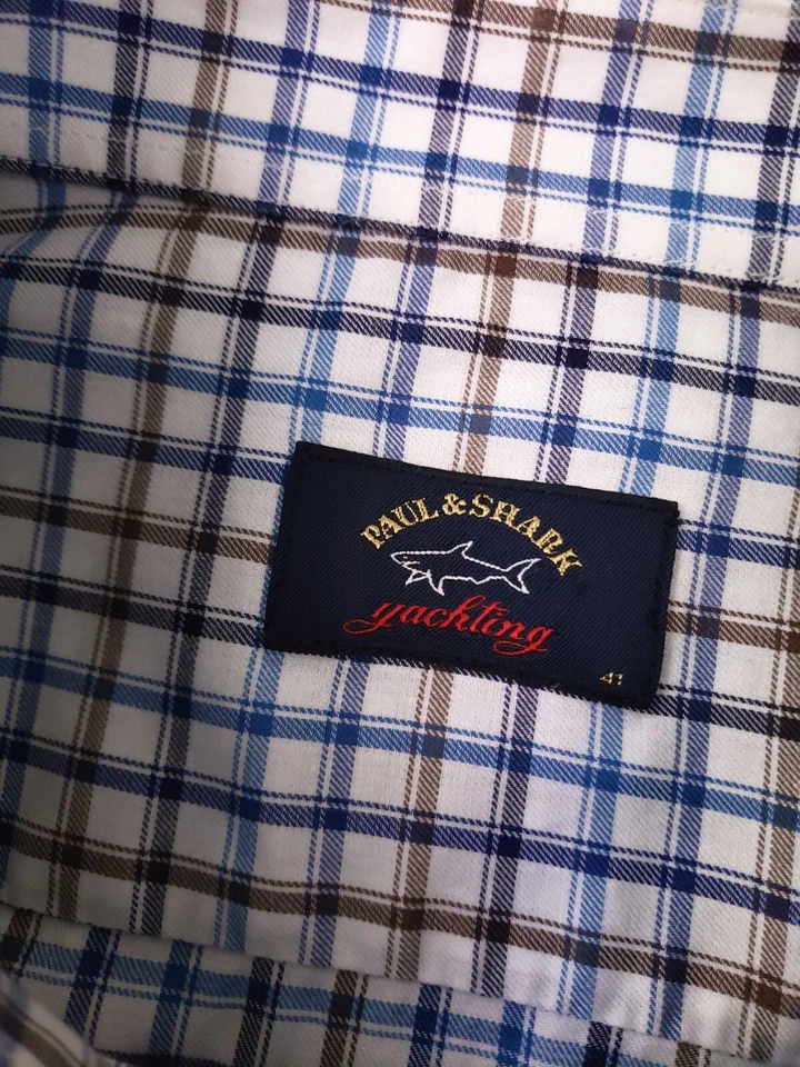 Camisa de vestir a cuadros azul Paul & Shark talla 16 con cuello extendido con logo Foto 4 de 4