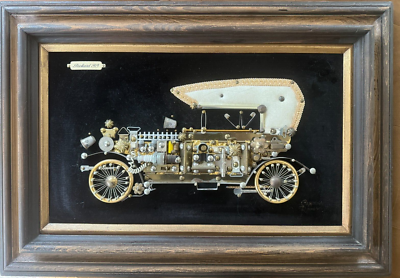 Vintage Steampunk Art 1915 Packard Artist Signed Framed Mixed