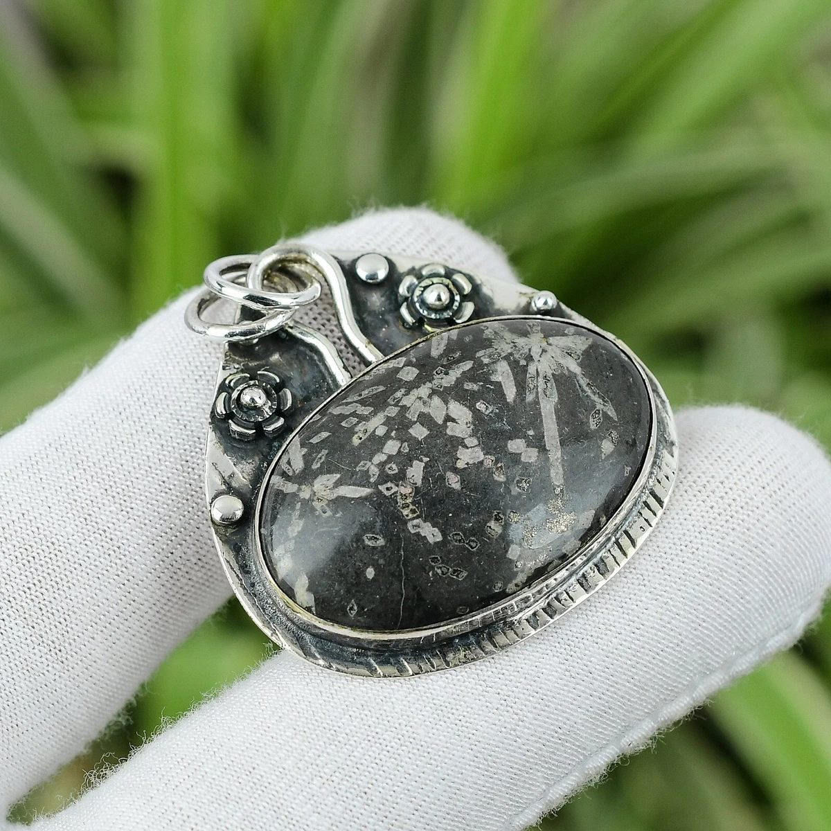 Natural Chrysanthemum Gemstone Pendant 925 Sterling Silver Indian