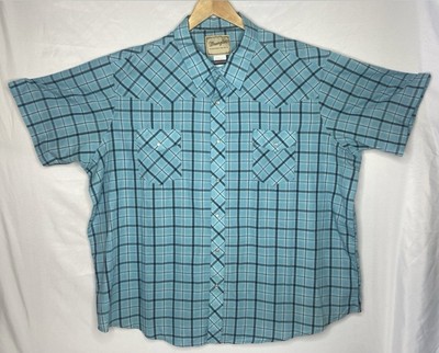 Wrangler Western Shirts Snap Up Baby Blue & Black Plaid Short Sleeve Men s 3XL