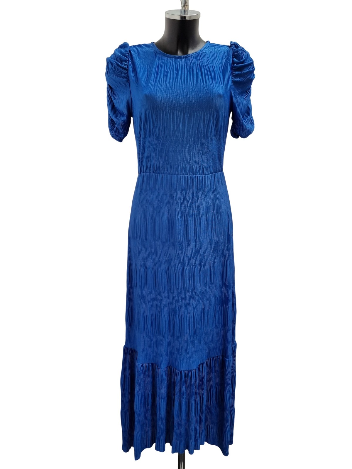 River Island Blue Textured Midi Dress Size 12 Elegant Puff Sleeve