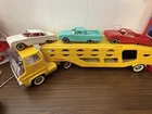 Vintage Tonka Car Carrier Truck w/ 3 Cars Yellow Pressed Steel Hauler