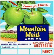 MOUNTAIN MAID Green Apples Original Fruit Crate Label New South Wales, Australia