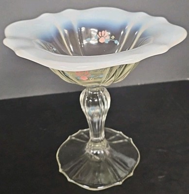 Fenton Glass French Opal Footed Compote Dish White Opalescent HandPainted Signed