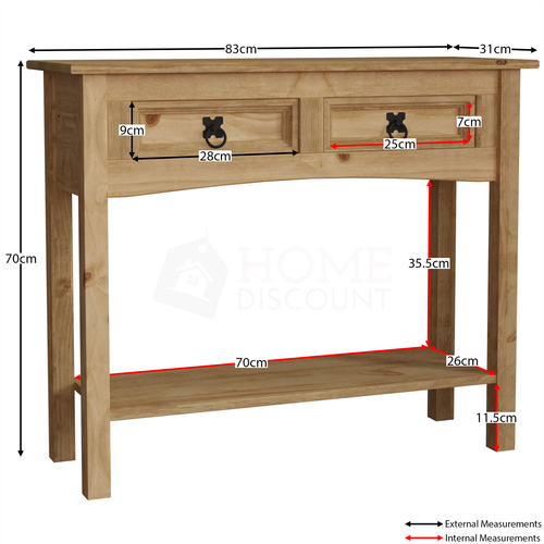 Corona Console Table 2 Drawer Mexican Solid Waxed Pine Storage Furniture Unit - Picture 2 of 8