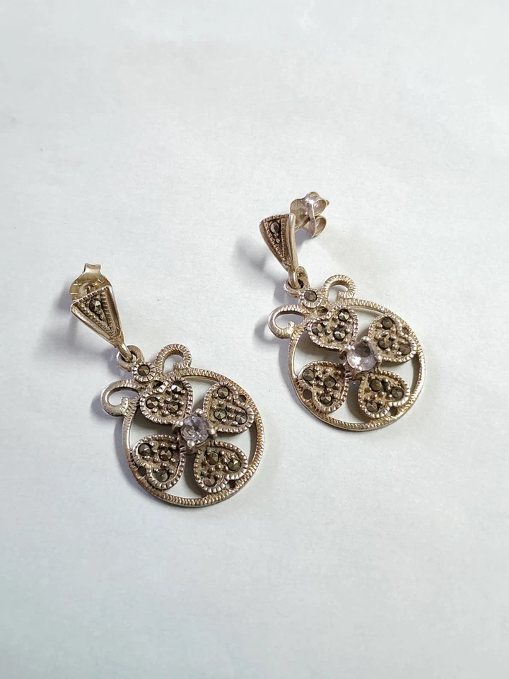 Orecchini donna vintage argento 925 ametista marcasite pendenti - Immagine 2 di 4