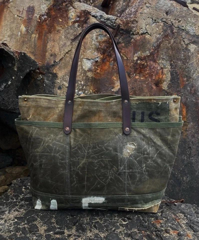 Reworked Heavy Duty Vintage Army Waxed Canvas Tote Bag Leather Handles Military - Image 2 of 4