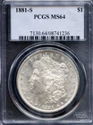 1881-S $1 Silver Morgan Dollar MS 64 PCGS # 08741236 + Bonus