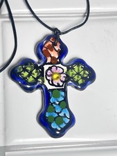 "Dije colgante cruz crucifijo Talavera 2"" cuerda de cuero 16"" # 45"