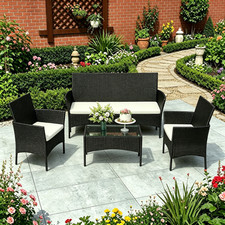 Black 4 Seater Garden Rattan Sofa Set w/ Table Rattan Patio Lounge Furniture Set