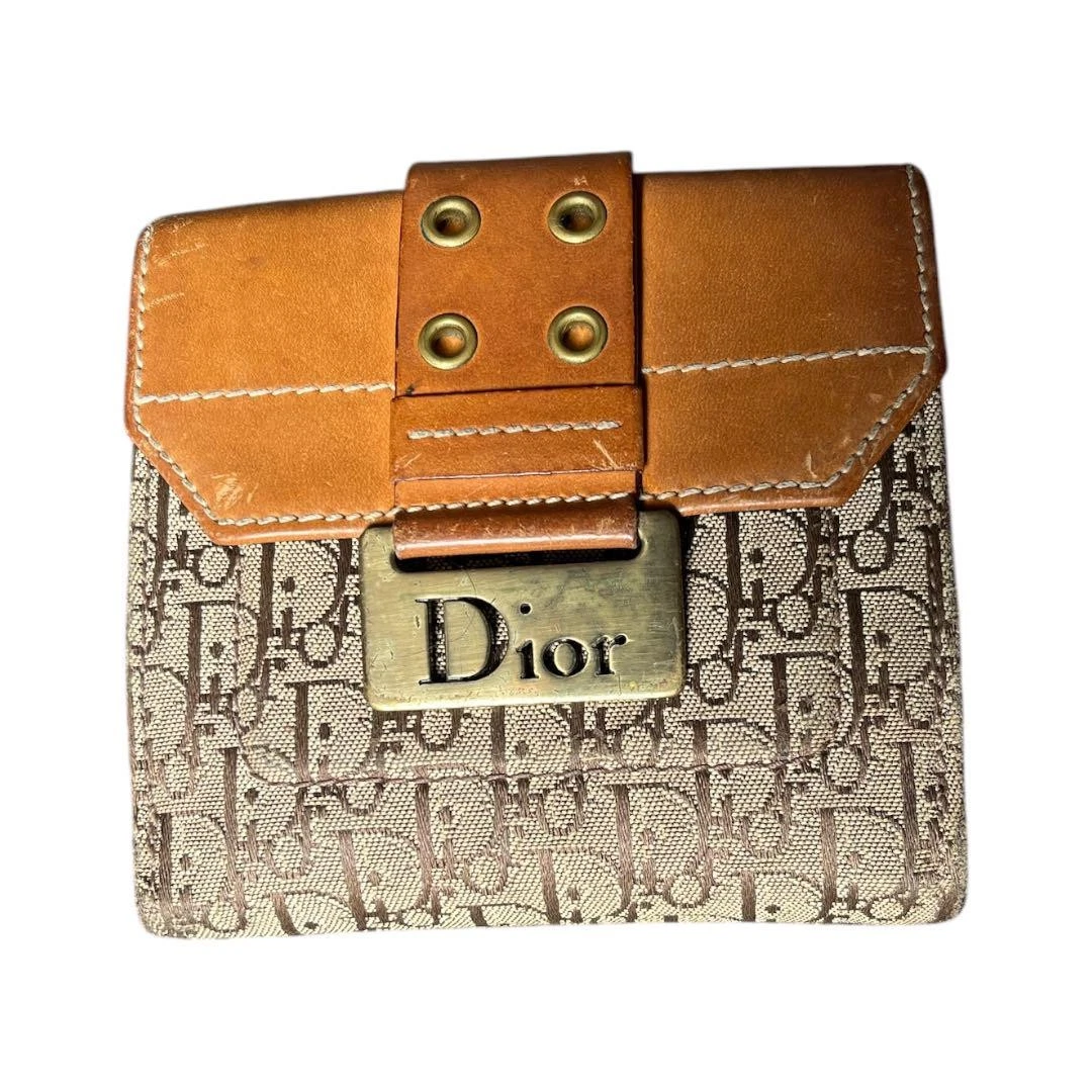 Portefeuille Dior beige/marron double pli toile/cuir fentes pour cartes état