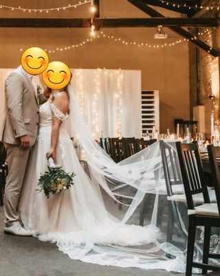 Brautkleid A-Linie lang aus Tüll & Spitze mit Spitzenapplikationen Stickerei