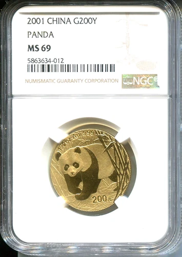 2001 CHINESE GOLD PANDA 200Y 200 YUAN 1/2 Oz. NGC MS69 MS-69 CHINA SCARCE !!