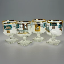 MCM Libbey Southern Comfort Footed Glasses Set/4 Gold Turquoise Steamboat 1968