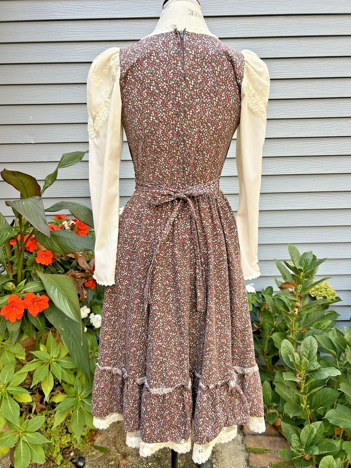 Vintage GUNNE SAX Midi Prairie Dress Corduroy Bust Floral Print Lace Pockets 13 - Image 4 of 4