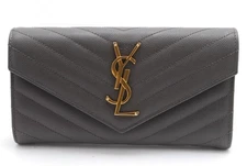 Saint Laurent Wallet Purse YSL Leather V stitch Gray Gold Authentic