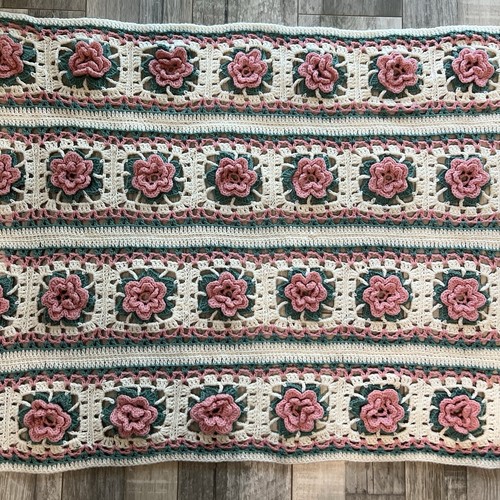 Handmade Crochet 3D Flower Afghan Blanket 68”x 40” Pink Green White Fringe Throw - Picture 9 of 10