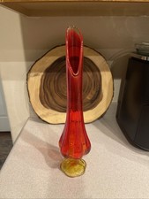 Vintage LE Smith Glass Amberina Red Yellow Swung Glass Six Petal Footed Vase 16  