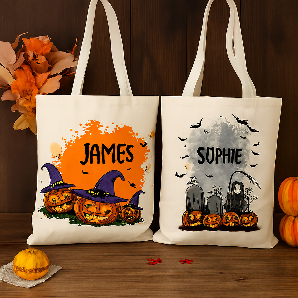 Bolso de mano personalizado de Halloween, bolsa de lona de regalo de truco o ...