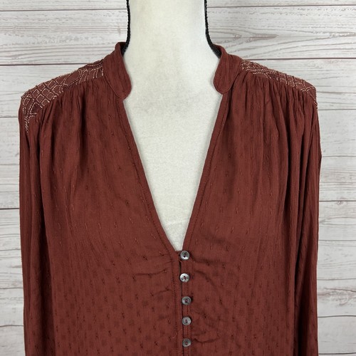 Free People Canyon Rose Button Down Top Blouse Size Medium Brown Red Hi-Low - Picture 5 of 11