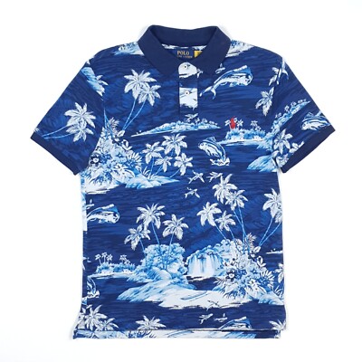 Ralph Lauren Hawaiian Polo Shirt Small Slim Fit Blue Short Sleeve Mesh Summer