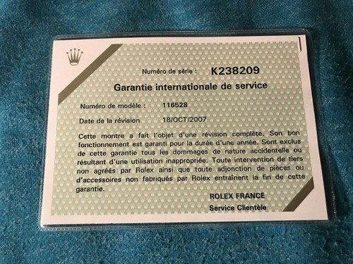 Rolex Certificato Servizio Garanzia Per K Seriale Daytona 116528 | eBay