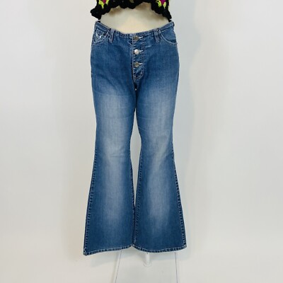 Vintage Y2K Angels Button Fly Flare Jeans Womens Rhinestone