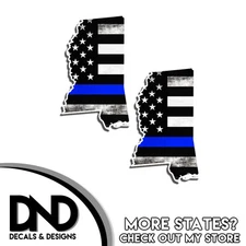 Mississippi Shaped Police Blue Line Flag Decal MS American Flag Sticker 2 Pack