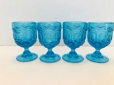 Vintage L E Smith Blue Glass Moon & Stars Cordial Wine Goblets, Set of 4