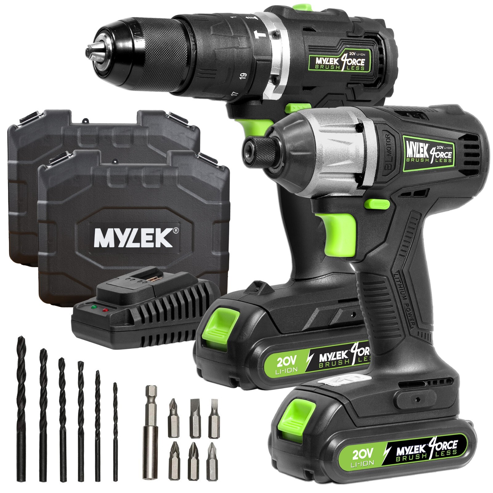 Mylek 20V Cordless Drill & Impact Driver Brushless DIY Set 2.0Ah Li-Ion Battery