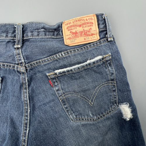 Levis 527 Jeans Mens 34x34 Blue Distressed Faded Bootcut Flare Mid Rise Cowboy - Picture 9 of 11