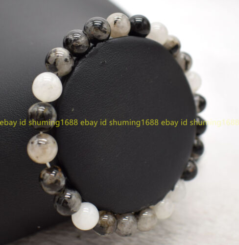 Natürlich 6/8/10mm Schwarz Haare Quarz Rund Edelsteine Perlen Armband 7.5" - Bild 1 von 6