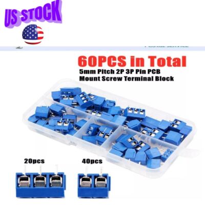 Blue KF301-2P/3P PCB Mount Screw Terminal Block Connector 2/3Pin 5mm Pitch 60Pcs
