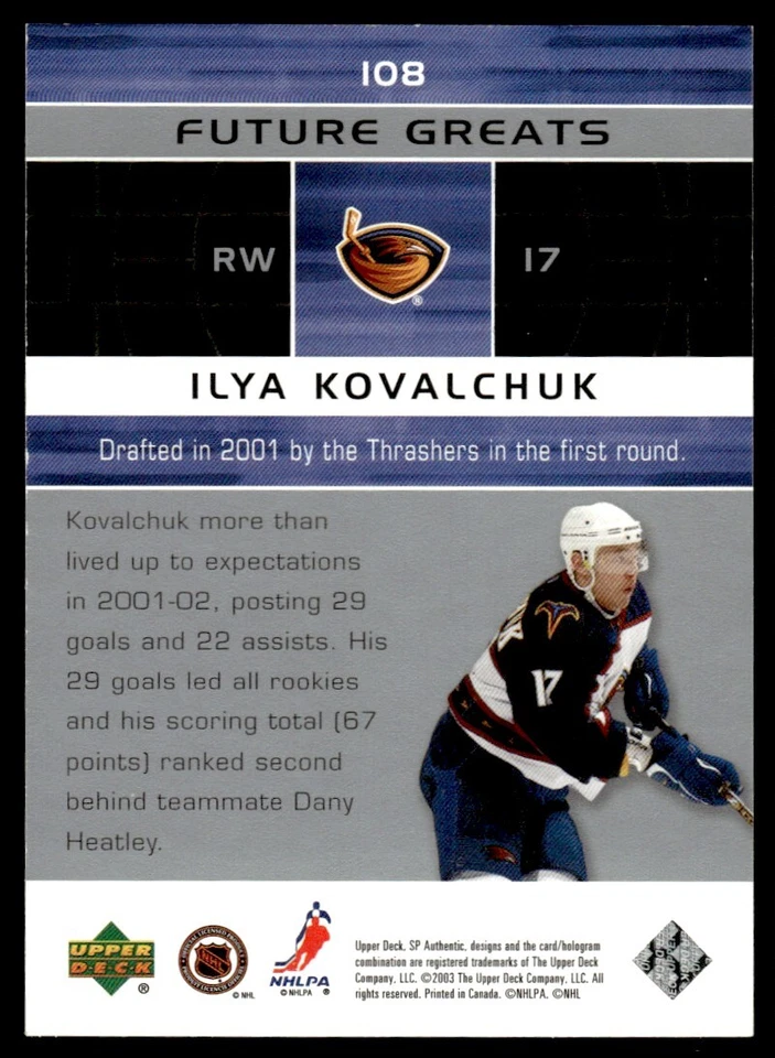 2002-03 SP Authentic 0432/2003 Ilya Kovalchuk  Atlanta Thrashers #108 - Image 2 of 2