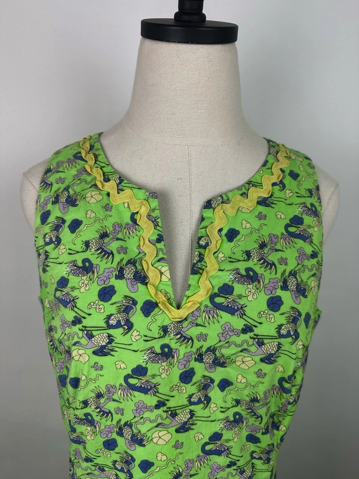 Lindo Vestido Tibi Vintage Y2K 12 Verde Lima Asiático Estampado de Pájaro Grúa Rickrack Borde Foto 2 de 4