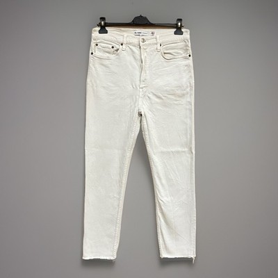 Re/Done Damenjeans hoher Bund Größe 30 weiß Knöchelausschnitt roher Saum Stretch USA 