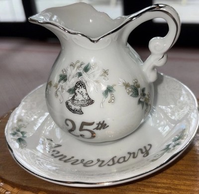 Lefton china hand painted little pitcher and saucer 1134- 25th anniversary