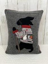Folk Art Pillow Hand Stitched Wool Gray Felt Applique Bunny Rabbit 16 x 14