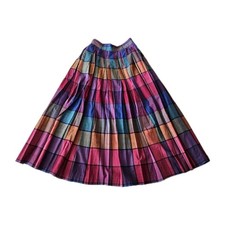 Vtg Madras Plaid Colorful Checkered Jewel Tone Midi Pleated Classic Preppy Skirt