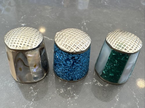 Vintage MEXICO THIMBLES - MOTHER OF PEARL + Turquoise - 3 Thimbles - See Pics