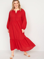 Old Navy Seersucker All Day Swing Dress 2X Plus Size Red Long Sleeve Tiered Midi