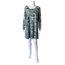 Karen Kane Dress Womens L Teal Tribal Geometric Shift Tunic Long Sleeve Stretch