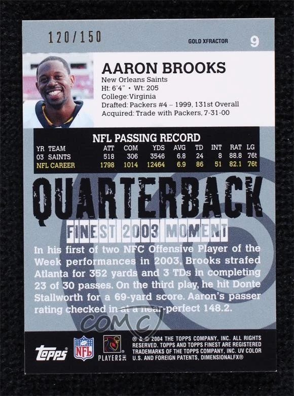 2004 Topps Finest Box Topper Gold X-Fractor /150 Aaron Brooks #9 - Image 2 of 2