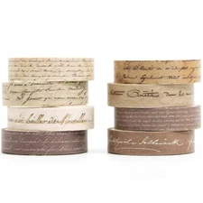 Vintage Washi Tape Set 8 Rolls Thin Retro Decorative Antique Handwritten Text